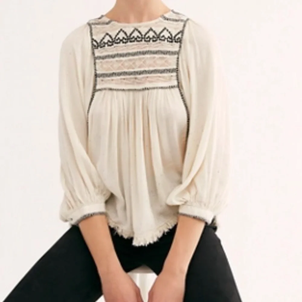 Free People Cyprus Avenue Peasant Blouse Embroidered Puff Sleeve Edwardian Small - Picture 1 of 11